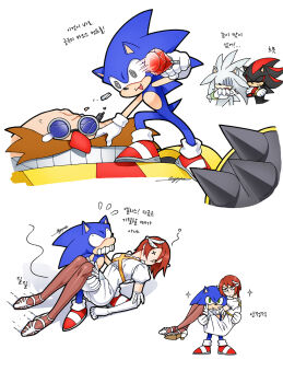 1girl 3boys @_@ animal_ears animal_nose brown_hair carrying chaos_emerald closed_eyes closed_mouth commentary_request crossed_arms damaged death_egg_robot dress flying_sweatdrops furry furry_male gloves green_eyes high_heels highres jewelry korean_commentary korean_text multiple_boys open_mouth princess_carry princess_elise_the_third red_footwear ring robot shaded_face shadow_the_hedgehog shoes short_hair silver_the_hedgehog simple_background sloth_g_ya smile sonic_(series) sonic_the_hedgehog sonic_the_hedgehog_(2006) standing tail translation_request white_background white_dress white_gloves