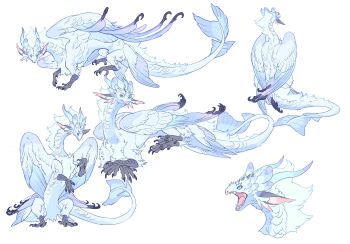 animal_ears beak black_claws blue_eyes blue_horns claws crossed_arms dragon dragon_horns feathered_dragon feathered_wings feathers fluffy from_behind from_side full_body highres horns mane monster monster_focus multiple_views no_humans open_mouth original rearing shina_ppp simple_background tail talons western_dragon white_background white_feathers wings