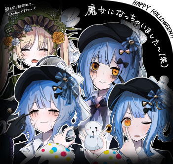 2girls bird_hat_ornament black_capelet black_hat blonde_hair blue_hair bonnet bow braid braided_hair_rings capelet commentary_request cracked_face cracked_skin cross-shaped_pupils deerstalker flower frills green_bonnet hair_bow hair_ornament hair_rings hat highres housho_margo jasei jogasaki_noah long_hair long_sleeves mahou_shoujo_no_majo_saiban makeup mascara multiple_girls multiple_views open_mouth pleated_capelet short_hair smile symbol-shaped_pupils tachibana_sherry tears tono_hanna twintails witch_(manosaba) yellow_eyes
