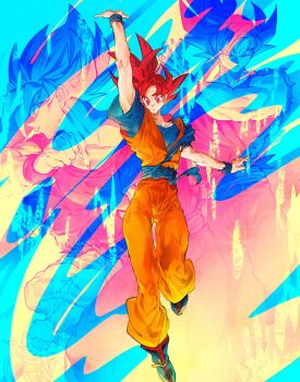 Rule 34 | 1boy, abs, blue shirt, dougi, dragon ball, dragon ball super, dragonball z, full body, highres, jumpsuit, multiple views, muscular, muscular male, no shirt, ommmyoh, pectorals, red eyes, serious, shirt, skinny, son goku, spiked hair, super saiyan, super saiyan blue, super saiyan god, ultra instinct, ultra instinct sign, wristband