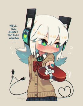 Rule 34 | 1girl, absurdres, artist name, blue skirt, blush, bow, bowtie, brown cardigan, cardigan, closed mouth, collared shirt, commentary, cropped legs, digitan (porforever), double-parted bangs, electric plug, electric plug tail, english text, fang, flying sweatdrops, green eyes, green nails, grey background, hair between eyes, headset, highres, incoming gift, long hair, long sleeves, looking to the side, motion lines, nail polish, original, plaid clothes, plaid skirt, pleated skirt, porforever, red bow, red bowtie, school uniform, shirt, simple background, skirt, solo, star-shaped pupils, star (symbol), symbol-shaped pupils, tail, untranslatable commentary, white hair, white shirt