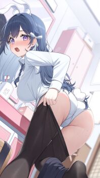 Rule 34 | 1girl, @ @, animal ear fluff, animal ears, ass, bathroom, black hair, black pantyhose, blush, bow, braid, breasts, cupboard, hair bow, highres, kyui yui, long hair, long sleeves, looking back, mirror, mole, mole under eye, open mouth, pang-yo, panties, pantyhose, rabbit ears, rabbit girl, rabbit tail, second-party source, shirt, solo, sweat, tail, toothbrush, underwear, virtual youtuber, vkano, white bow, white panties, white shirt