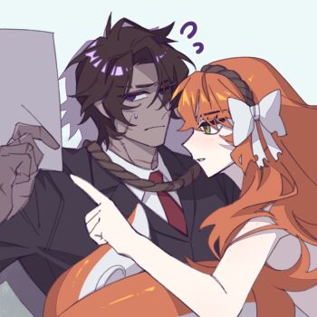 1boy 1girl black_jacket bow brown_hair brown_hairband closed_mouth collared_shirt flying_sweatdrops hairband heathcliff_(project_moon) index_finger_raised ishmael_(project_moon) jacket lapels limbus_company long_hair mercuryhx necktie notched_lapels orange_hair parted_bangs project_moon purple_eyes red_necktie scar scar_on_face scar_on_neck shirt sweat tentacles very_long_hair white_bow white_shirt