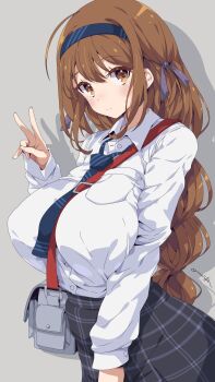 1girl bag blue_hairband braid breasts brown_hair commentary duffel_bag grey_background grey_skirt hair_between_eyes hair_ribbon hairband highres large_breasts light_blush long_hair looking_at_viewer necktie oomura_karasu original ribbon shadow shirt signature simple_background skirt solo strap symbol-only_commentary v white_shirt