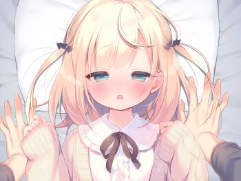 1boy 1girl bat_hair_ornament blonde_hair blush cardigan collared_shirt couple game_cg green_eyes hair_ornament hetero large_variant_set long_sleeves looking_at_viewer lying mainichi_kiss_shite_lolita mihato_(mainichi_kiss_shite_lolita) neck_ribbon non-web_source on_back open_mouth pillow piyodera_mucha pov pov_hands ribbon shirt short_hair sleeves_past_wrists solo_focus two_side_up upper_body variant_set