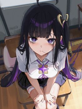 Rule 34 | 1girl, black hair, black skirt, blood, chair, chitose (stella sora), closed mouth, commentary, danraz0r, english commentary, hands on own legs, highres, katana, looking at viewer, looking up, multicolored hair, purple eyes, purple hair, purple nails, shirt, sitting, skirt, snot, solo, stella sora, sword, weapon, wet, white shirt