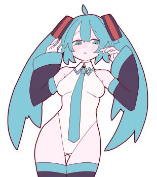 1girl ahoge aqua_eyes aqua_hair aqua_necktie arms_up bare_shoulders breasts commentary detached_sleeves gluteal_fold hatsune_miku highleg highleg_leotard highres leotard long_hair looking_at_viewer necktie ringed_eyes solo twintails uraya0 vocaloid white_leotard wide_sleeves