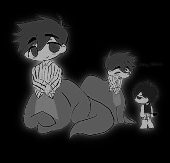 1boy antenna_hair barefoot black_eyes black_hair black_tank_top blush chibi chibi_only closed_eyes colored_skin commentary_request english_text herosaurus_(omori) highres holding holding_knife knife lyuz_(justtoseemeplea) no_legwear omori omori_(omori) open_mouth pajamas short_hair shorts smile striped_clothes striped_pajamas striped_shorts tank_top vertical-striped_clothes vertical-striped_pajamas vertical-striped_shorts white_skin