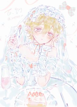 1boy absurdres alternate_costume androgynous aotu_world artist_name bare_shoulders blonde_hair blue_eyes blush bow bridal_veil cake chinese_commentary collar crossdressing crossdressing_(mtf) cup detached_collar detached_sleeves dress drinking_glass english_text food fork frilled_hairband frilled_sleeves frills fruit hairband hand_on_own_cheek hand_on_own_face happy_birthday highres holding holding_fork king_(aotu_world) looking_at_viewer male_focus off-shoulder_dress off_shoulder pale_skin parted_lips plate plutoray pointy_ears short_hair solo strawberry strawberry_shortcake trap veil white_background white_collar white_dress white_sleeves white_veil wine_glass