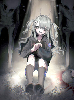 Rule 34 | + +, 1girl, 2others, absurdres, alien, alien hair ornament, antennae, bandaid, bandaid on hand, black hair, black hoodie, black socks, blood, blood on ground, commentary, death, full body, gauze on knee, grey alien, hayu (hayu0305), highres, hood, hood down, hoodie, injury, logo, long hair, looking at viewer, multiple others, nasa logo, no shoes, open mouth, original, smile, socks, two side up