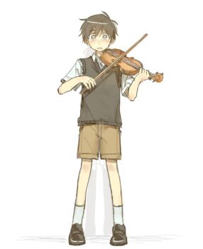 0_scyf 2boys antenna_hair black_eyes black_hair black_shoes black_sweater_vest bright_pupils brown_shorts collared_shirt crying crying_with_eyes_open full_body hashtag-only_commentary highres holding holding_instrument holding_violin instrument male_focus multiple_boys omori omori_(omori) parted_lips shirt shoes short_hair short_sleeves shorts simple_background socks spoilers sunny_(omori) sweater_vest tears violin white_background white_pupils white_shirt white_socks
