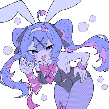 1girl black_leotard fang fishnet_pantyhose fishnets fumomono hatsune_miku leaning_forward leotard ok_sign pantyhose playboy_bunny rabbit_hole_(vocaloid) solo sweat thigh_strap twintails vocaloid