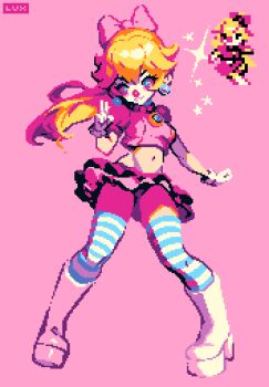 Rule 34 | 1girl, artist name, blue thighhighs, boots, border, bow, breasts, clown, clown makeup, clown nose, commentary, crop top, cropped shirt, earrings, frilled skirt, frills, full body, gloves, hair bow, highleg, highleg panties, jewelry, long hair, lowleg, lowleg skirt, mario (series), medium breasts, midriff, miniskirt, navel, nintendo, panties, pink background, pink bow, pink shirt, pixel art, platform boots, princess peach, puffy short sleeves, puffy sleeves, purple panties, shirt, short sleeves, skirt, solo, striped clothes, striped thighhighs, thighhighs, thisislux, underwear, v, white border, white gloves, zettai ryouiki