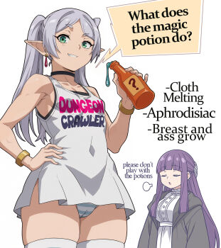 2girls bare_shoulders black_choker black_robe blush bottle breasts cameltoe choker commentary covered_navel dress earrings english_commentary fern_(sousou_no_frieren) frieren green_eyes grey_hair hand_on_own_hip highres holding holding_bottle jewelry large_breasts long_hair looking_at_viewer multiple_girls panties pointy_ears print_shirt purple_hair robe shirt simple_background sleeveless sleeveless_dress small_breasts smile sousou_no_frieren speech_bubble striped_clothes striped_panties teardrop_earrings thighhighs twintails underwear white_background white_dress white_thighhighs yatagarasupen