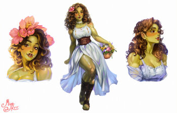 1girl adoptable basket blush braid breasts brown_hair cleavage collar colored_skin commentary crown_braid curly_hair detached_sleeves dress female_orc flower green_skin hair_flower hair_ornament highres holding holding_basket large_breasts miya_rrr muscular muscular_female orc original pointy_ears red_eyes sandals shiny_skin shoulder_blush signature smile tusks white_collar white_dress