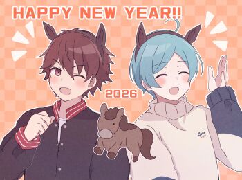 2026 2boys ahoge animal_ear_hairband animal_ears blue_hair brown_eyes brown_hair buttons clenched_hand closed_eyes commentary_request ensemble_stars! fake_animal_ears hairband hand_up happy_new_year high_collar highres horse horse_ears jacket long_sleeves looking_at_viewer male_focus morisawa_chiaki multiple_boys new_year notice_lines one_eye_closed open_mouth outstretched_hand parted_bangs sana_(o_sushi_desu) shinkai_kanata short_hair smile sweater upper_body