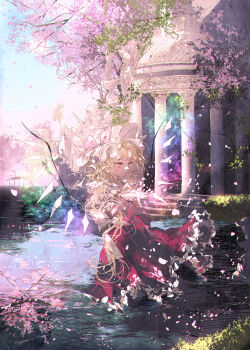 1girl ascot aura bat_wings blonde_hair bridge cherry_blossoms commentary_request crystal crystal_wings day falling_petals flandre_scarlet frills glowing glowing_wings hat hat_ribbon highres laevatein_(touhou) lake long_hair long_skirt majamari mob_cap multicolored_wings nature outdoors petals pillar pink_petals red_eyes red_vest ribbon serious short_sleeves side_ponytail skirt skirt_set sky solo standing statue touhou tree vest wading water wind wings yellow_ascot