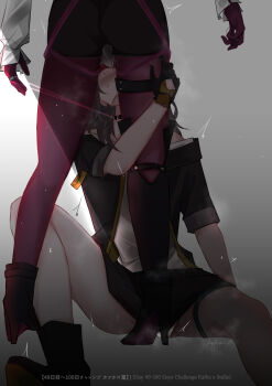 2girls arm_around_leg between_legs black_footwear black_gloves black_jacket black_shorts black_skirt blindfold blush boots character_name colored_blindfold commentary covered_eyes gloves grey_background hashtag-only_commentary high_heel_boots high_heels highres honkai:_star_rail honkai_(series) jacket kafka_(honkai:_star_rail) long_sleeves multiple_girls pantyhose purple_gloves purple_pantyhose shirt shorts signature sitting skirt stelle_(honkai:_star_rail) trailblazer_(honkai:_star_rail) white_shirt yuri zukinie