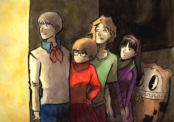 2boys 2girls amagi_yukiko ascot atlus black-framed_eyewear black_hair breasts brown_hair cartoon_network cosplay crossover daphne_blake daphne_blake daphne_blake_(cosplay) fred_jones_(cosplay) fred_jones glasses grey_hair hanamura_yousuke imsoheckedup kuma_(persona_4) multiple_boys multiple_girls narukami_yu parody persona persona_4 satonaka_chie scooby-doo scooby-doo_(character) scooby-doo_(character)_(cosplay) shaggy_rogers shaggy_rogers_(cosplay) short_hair skirt sweater traditional_media turtleneck velma_dinkley velma_dinkley_(cosplay)