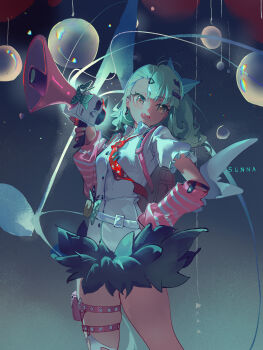 Rule 34 | 1girl, absurdres, arm warmers, bag, bandaid, bandaid hair ornament, fur-trimmed skirt, fur trim, furioso, green eyes, green hair, hair ornament, hairpin, highres, holding, holding megaphone, looking at viewer, megaphone, multiple hairclips, necktie, open mouth, pink arm warmers, pink bag, red necktie, shirt, skirt, solo, striped arm warmers, sunna (zenless zone zero), thigh strap, white shirt, white wings, winged bag, wings, zenless zone zero