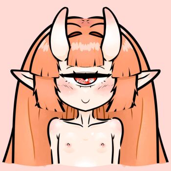 1girl 2025 blush cecilia_rosenkreutz coss_8 flat_chest highres horns indie_virtual_youtuber loli one-eyed oni_girl orange_hair pink_background red_eyes smile solo