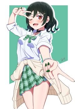 1girl absurdres black_choker bow bowtie bracelet cardigan cardigan_around_waist choker clothes_around_waist cowboy_shot fang foreshortening green_bow green_bowtie green_hair green_nails green_skirt gyaru gyaru_v gyarugasaki hair_between_eyes hair_ornament hairclip heart heart_choker highres ice_compass0610 jewelry kogal looking_at_viewer loose_bowtie love_live! love_live!_nijigasaki_high_school_idol_club mifune_shioriko miniskirt multiple_views nail_polish official_alternate_costume official_alternate_hairstyle pearl_bracelet plaid_bow plaid_bowtie plaid_clothes plaid_skirt pleated_skirt red_eyes school_uniform short_hair skirt solo v v_over_eye wavy_hair