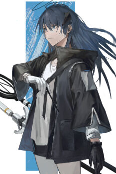 Rule 34 | 1girl, antenna hair, arknights, asymmetrical gloves, black gloves, black halo, black horns, black jacket, black shorts, blue eyes, blue hair, commentary, cowboy shot, from side, g xio111, gloves, hair between eyes, halo, hand up, highres, hood, hooded jacket, horns, jacket, long hair, long sleeves, looking ahead, mismatched gloves, mostima (arknights), shirt, short shorts, shorts, sidelocks, solo, staff, white background, white gloves, white shirt, wide sleeves