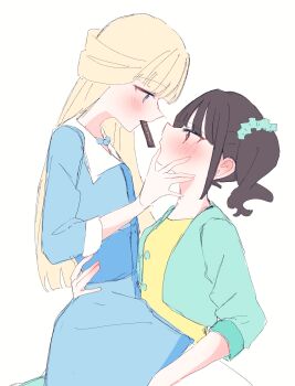 2girls absurdres blonde_hair blue_dress blue_eyes blue_jacket blush brown_hair commentary_request dress hair_ornament hair_scrunchie half_updo hand_on_another&#039;s_face hand_on_another&#039;s_thigh hand_on_another&#039;s_waist highres jacket long_hair mouth_hold multiple_girls nekoyashiki_mayu nekoyashiki_yuki pink_eyes precure rita_(myyk_rrnyam) scrunchie shirt side_ponytail simple_background sitting sitting_on_lap sitting_on_person white_background wonderful_precure! yellow_shirt yuri