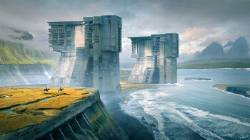 Rule 34 | 4boys, building, cliff, cloud, cloudy sky, commentary, concrete, day, english commentary, flock, grass, highres, horseback riding, lake, landscape, mountainous horizon, multiple boys, original, outdoors, painterly, raphael-lacoste, riding, scenery, signature, sky, sunlight, tower, water, waves