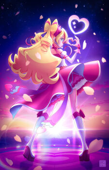 1girl absurdres artist_logo backlighting blonde_hair blue_eyes boots bow closed_mouth commentary cure_idol double_bun drill_hair elbow_gloves from_behind gloves hair_bow hair_bun headset heart heart_hands highres horizon kimi_to_idol_precure layered_gloves logo long_hair looking_at_viewer looking_back magical_girl medium_skirt multicolored_hair outdoors petals pink_gloves pink_hair pink_shirt pink_skirt precure puffy_short_sleeves puffy_sleeves sakura_uta_(precure) shirt short_sleeves skirt sky smile solo stage standing star_(sky) starry_sky streaked_hair sun sunrise tsuyatamaa twin_drills white_boots wind