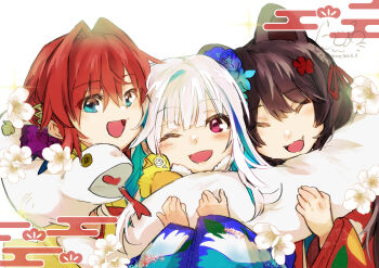 Rule 34 | 3girls, :d, @ @, ^ ^, absurdres, ange katrina, animal ears, aqua eyes, aqua hair, bird, blue flower, blue kimono, blush, brown hair, chinese zodiac, closed eyes, colored inner hair, commentary request, dog ears, dometan0 0, egasumi, falling flower, fang, flower, flower request, group picture, hair between eyes, hair flower, hair intakes, hair ornament, hair ribbon, hand up, hands up, highres, inui toko, inui toko (kimono), japanese clothes, kimono, lize helesta, lize helesta (6th costume), looking at viewer, multicolored hair, multiple girls, new year, nijisanji, one eye closed, open mouth, purple eyes, red hair, red kimono, red ribbon, ribbon, sanbaka (nijisanji), sebastian piyodore, signature, smile, snake, sparkle, streaked hair, twitter username, two-tone hair, virtual youtuber, watermark, white background, white flower, white hair, white snake, year of the snake, yellow bird, yellow kimono