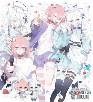 &gt;_&lt; 2girls absurdres anger_vein animal_ears apron aqua_eyes asymmetrical_legwear bandages bandaid black_bow black_choker black_halo black_thighhighs bow chibi choker coat commentary_request double-parted_bangs finger_gun flying_sweatdrops gun hair_ornament halo heart heart_hair_ornament heart_hands heterochromia highres holding holding_gun holding_weapon long_hair long_sleeves looking_at_viewer maid_headdress medium_hair melting_halo multiple_girls one_eye_closed open_mouth original pill pink_hair purple_coat shirt spoken_anger_vein thigh_strap thighhighs weapon white_apron white_hair white_shirt yakinikusakoku