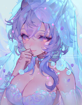 Rule 34 | 1girl, blue flower, blue hair, breasts, bride, cleavage, closed mouth, commentary, commission, dress, flower, ganyu (genshin impact), genshin impact, goat horns, highres, horns, large breasts, long hair, orange sekaii, purple eyes, smile, solo, wedding dress