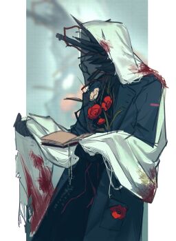 1boy black_coat black_gloves blurry blurry_background book charon_(reverse:1999) coat commentary_request flower gloves grey_background highres holding_cloth male_focus object_head open_book outside_border pillarboxed poppy_(flower) red_flower reverse:1999 sketch solo upper_body veil white_flower white_veil xjsbca zoom_layer