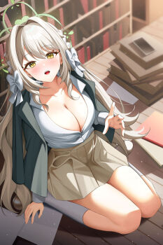 1girl absurdres aillatoste blue_archive book bow braid breasts choppy_bangs cleavage collarbone flower_halo green_halo green_jacket hair_intakes hair_ribbon halo highres jacket jacket_on_shoulders large_breasts long_hair looking_at_viewer miyo_(blue_archive) open_mouth partially_unbuttoned pile_of_books ribbon ribbon_braid saliva shirt sitting skirt solo tears wariza white_bow white_shirt