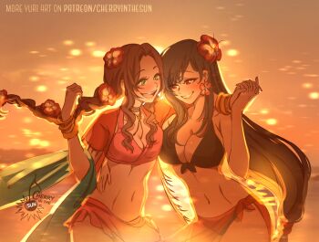 2girls aerith_gainsborough artist_logo bikini black_bikini black_hair bracelet breasts brown_hair cherry_in_the_sun cleavage commentary dusk english_commentary final_fantasy final_fantasy_vii floating_hair flower green_eyes hair_flower hair_ornament hand_on_another&#039;s_waist holding_hands interlocked_fingers jewelry large_breasts logo long_hair looking_at_another multiple_girls navel ocean open_mouth outdoors patreon_username pink_bikini red_eyes red_flower smile stomach swimsuit tifa_lockhart toned toned_female yuri