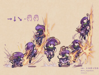 1girl absurdres akuma_(street_fighter) artist_name attack_trail beads blonde_hair boots clenched_hand command_input dated dress fighting_game gradient_hair highres hijiri_byakuren jumping long_hair motion_lines multicolored_hair multiple_views nero_augustus open_mouth prayer_beads purple_eyes purple_hair shouryuuken simple_background street_fighter street_fighter_6 touhou uppercut v-shaped_eyebrows