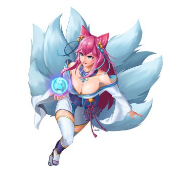 1girl absurdres ahri_(league_of_legends) animal_ears artist_name artist_request bell blue_eyes blue_tail breasts cleavage collarbone eyebrows facial_mark fox_ears fox_tail full_body hair_bell hair_ornament highres korean_clothes kyuubi large_breasts league_of_legends looking_to_the_side low_neckline multiple_tails nail_polish off_shoulder simple_background solo spirit_blossom_(league_of_legends) spirit_blossom_ahri tail vastaya whisker_markings white_background white_legwear