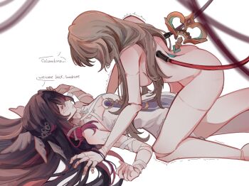 2girls all_fours android blonde_hair breasts brown_hair cleavage closed_eyes clothed_female_nude_female collar collarbone columbina_(genshin_impact) commentary crescent detached_collar doll doll_joints dress english_commentary english_text eni_(enidaisy69) eye_mask feathered_wings feet_out_of_frame from_side genshin_impact hair_between_eyes hair_ornament highres joints large_breasts long_hair lying mask medium_breasts multicolored_hair multiple_girls nude on_back parted_lips purple_hair sandrone_(genshin_impact) trembling two-tone_hair very_long_hair white_background white_collar white_dress winding_key wing_hair_ornament wings x_hair_ornament yuri