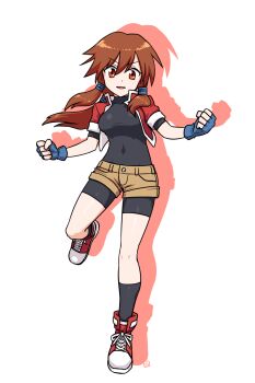 1girl black_bodysuit black_socks blue_gloves bodysuit brown_hair brown_shorts character_request clenched_hands commentary_request commission cropped_jacket drop_shadow fingerless_gloves floating_hair full_body gloves hair_between_eyes highres jacket long_hair looking_at_viewer muu_(mumumer) open_clothes open_jacket original parted_lips red_eyes red_jacket red_shoes shoes short_shorts short_sleeves shorts simple_background skeb_commission smile socks solo standing standing_on_one_leg v-shaped_eyebrows very_long_hair white_background