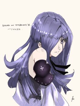 1girl character_name copyright_name drag-on_dragoon drag-on_dragoon_3 dress facial_mark forehead_mark futianxingyi_(warholx) hair_over_one_eye long_hair looking_at_viewer purple_eyes purple_hair roman_numeral signature simple_background solo three_(drag-on_dragoon) white_background