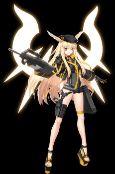 1girl assault_rifle belt beret black_gloves black_hat black_jacket black_leotard blonde_hair breasts bullpup cleavage fate/grand_order fate_(series) full_body gloves gun hat head_wings highleg highleg_leotard highres holster hood hooded_jacket jacket large_breasts leotard long_hair long_sleeves looking_at_viewer official_art open_clothes open_jacket open_mouth p90 personal_defense_weapon red_eyes rifle solo submachine_gun suppressor takeuchi_takashi thigh_strap thighs thrud_(fate) thrud_(swimsuit_assassin)_(fate) valkyrie_(fate) weapon wings