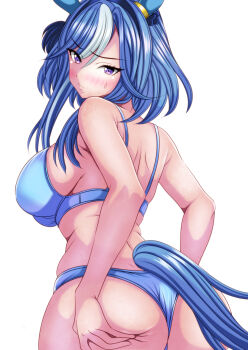 1girl absurdres admire_groove_(umamusume) animal_ears ass blue_hair blue_panties breasts commentary_request from_behind hagesan3345 highres horse_ears horse_girl horse_tail large_breasts medium_hair multicolored_hair panties purple_eyes simple_background solo streaked_hair swimsuit tail umamusume underwear underwear_only white_background white_hair
