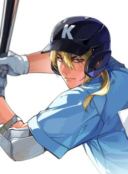 1boy 999993nine baseball baseball_bat baseball_helmet baseball_uniform blonde_hair boukyaku_battery closed_mouth elbow_pads hair_between_eyes helmet holding holding_baseball_bat long_hair looking_at_viewer male_focus mismatched_eyebrows simple_background solo sportswear todou_aoi_(boukyaku_battery) upper_body white_background