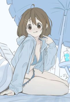 1girl absurdres ahoge alternate_costume andreypavlow arm_support beach_umbrella blue_background blush brown_eyes brown_hair collarbone commentary cup double-parted_bangs hair_between_eyes hair_ornament hairclip hand_up highres hirasawa_yui hood hood_down hooded_jacket jacket k-on! long_sleeves looking_at_viewer medium_hair open_clothes open_jacket outside_border parallel_hairclips sitting sleeves_past_wrists solo stomach striped_clothes table thighs tongue tongue_out umbrella v