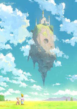 1other animal blue_shorts blue_sky cape castle cloud cloudy_sky day fantasy floating_island grass hat highres katou_oswaldo landscape meadow mountainous_horizon original outdoors rabbit scenery shorts signature sky solo spire standing wide_shot yellow_hat