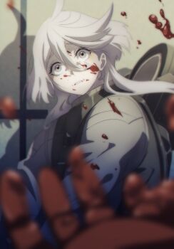 Rule 34 | 1girl, 1other, absurdres, ahoge, blood, blood on face, blood on hands, grey eyes, grylls kuma, gundam, gundam aerial slap (meme), gundam suisei no majo, hair between eyes, highres, mecha pilot suit, meme, miorine rembran, normal suit (gundam), parted lips, spacesuit, spoilers, traumatized, upper body, white hair