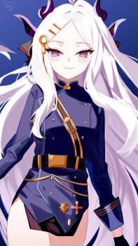 1girl absurdres ahoge belt black_belt black_skirt blue_archive breasts demon_girl demon_horns highres hina_(blue_archive) horns long_hair looking_at_viewer purple_eyes skirt small_breasts solo sumikadoji very_long_hair white_hair