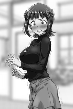1girl amami_haruka blurry blurry_background blush bow breasts clenched_teeth cowboy_shot disgust from_side greyscale hair_bow highres idolmaster idolmaster_(classic) jewelry large_breasts long_sleeves looking_down looking_to_the_side monochrome motion_lines multiple_hair_bows necklace shirt short_hair skirt solo standing sweatdrop teeth the_end_of_chun trembling