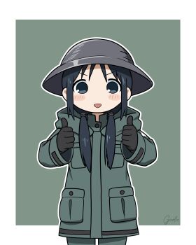 Rule 34 | 1girl, absurdres, black hair, blue eyes, blush stickers, border, chito (shoujo shuumatsu ryokou), commentary request, cowboy shot, double thumbs up, garloo, green background, highres, hood, hood down, hooded jacket, jacket, long hair, long sleeves, looking at viewer, low twintails, open mouth, outline, outside border, pocket, shoujo shuumatsu ryokou, smile, solo, thumbs up, twintails, v-shaped eyebrows, white border, white outline